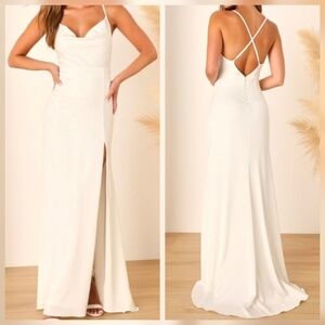 Lulus Destined Romance White Satin Cowl Neck Backless Maxi Dress, Size Small